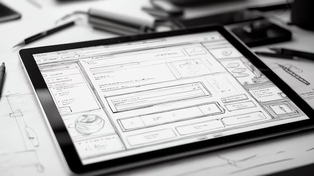 Boceto de wireframe de un sitio web en una tablet