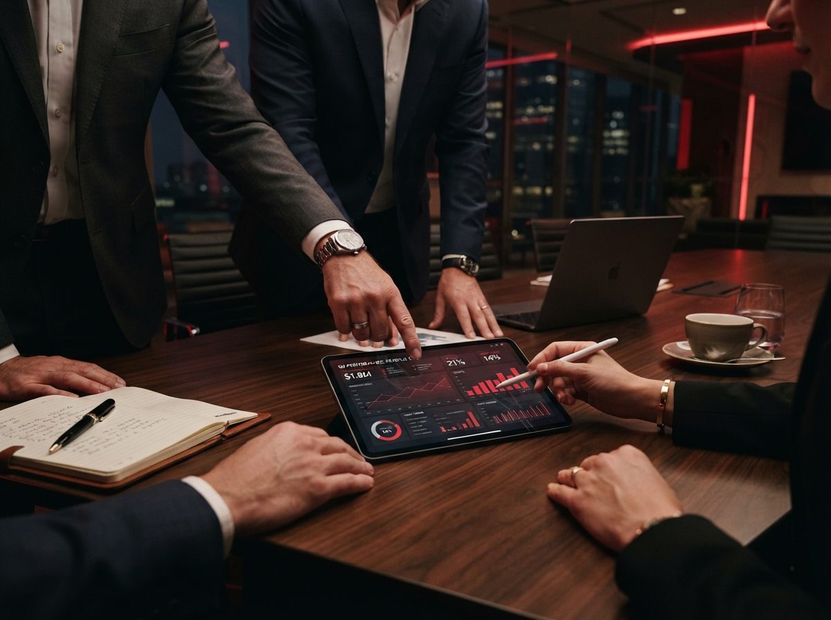 Ejecutivos revisando un dashboard de métricas en una tablet