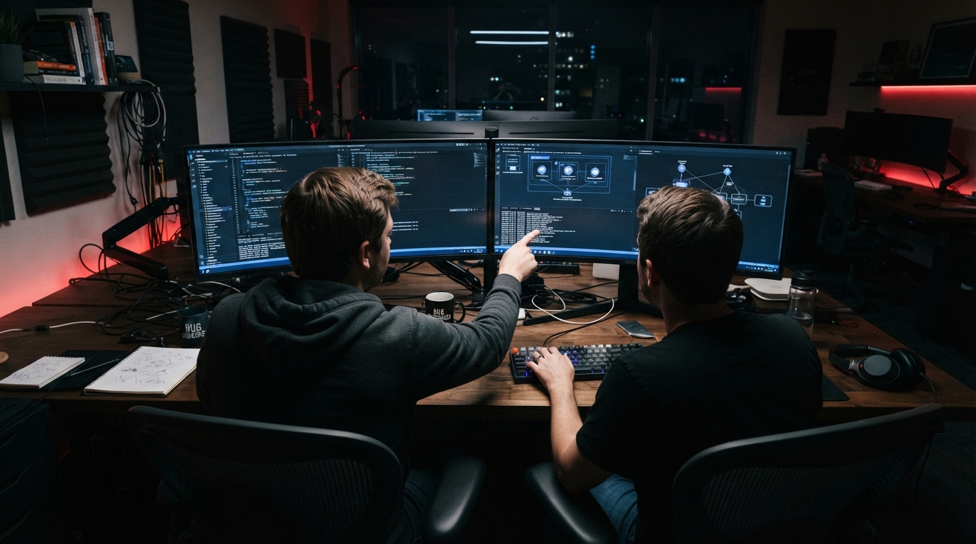 Dos desarrolladores de LADDER DEV colaborando frente a pantallas de código